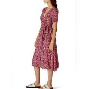 ba&sh Pink-Red Floral Wrap Midi Dress